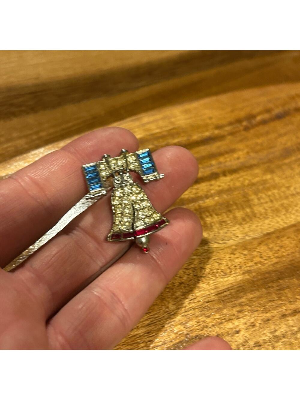 Vintage Patriotic Liberty Bell Rhinestone Brooch – Silver Red White & Blue Pin